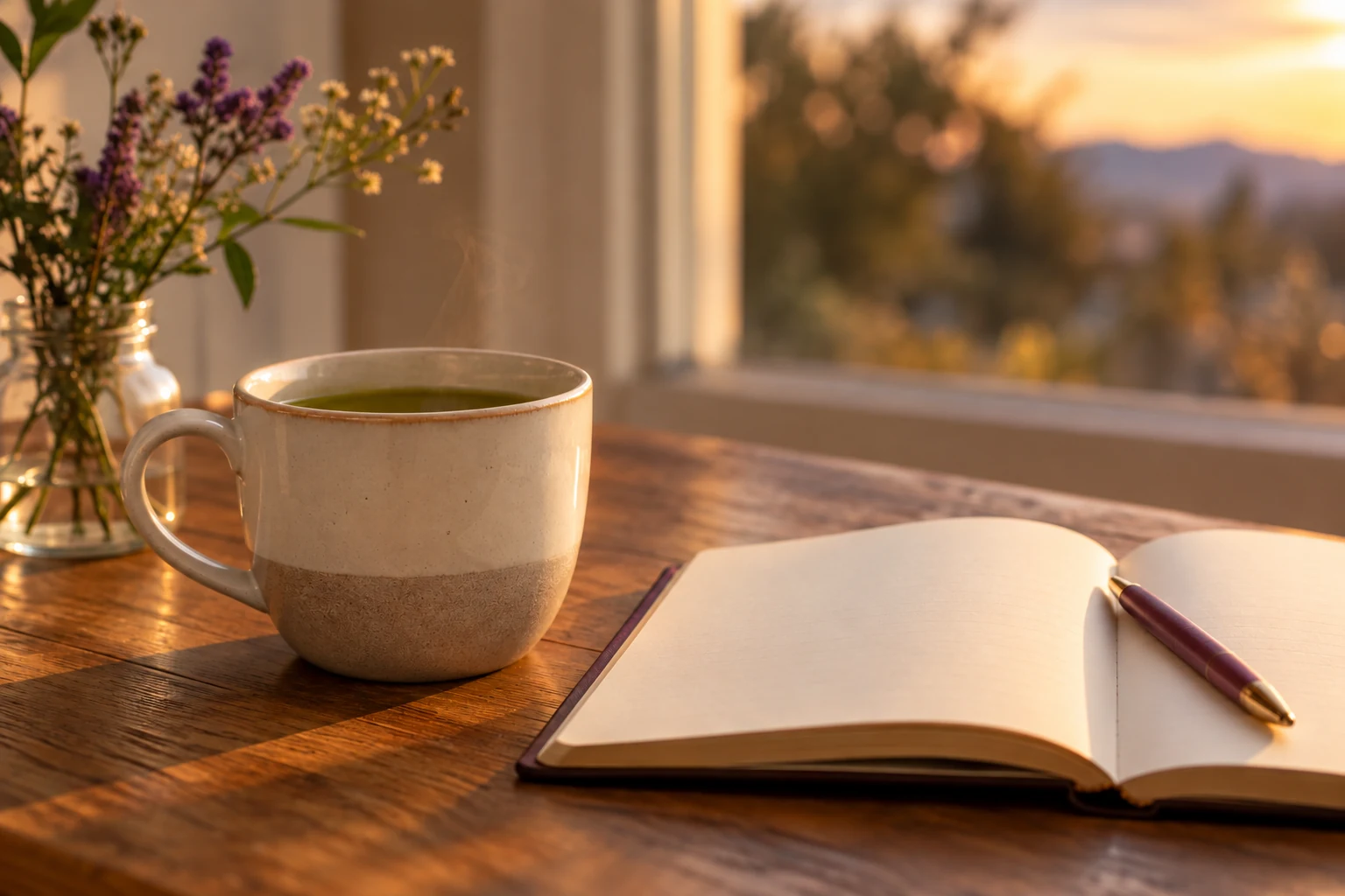 Golden hour with tea, pen and notebook.